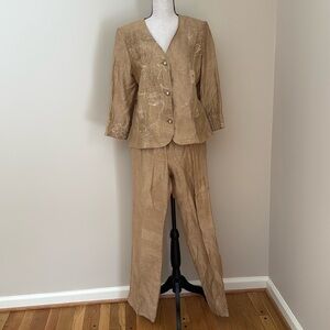 Un Jour Ailleurs Linen Blend Pant Suit Jacket Blazer Gold Metallic US 12